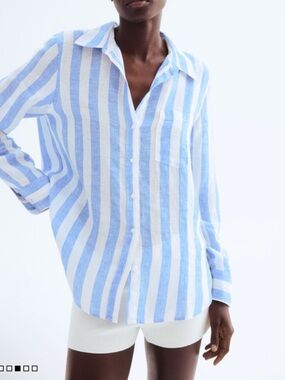 H&M Linen Striped Button Down Blue White Shirt L